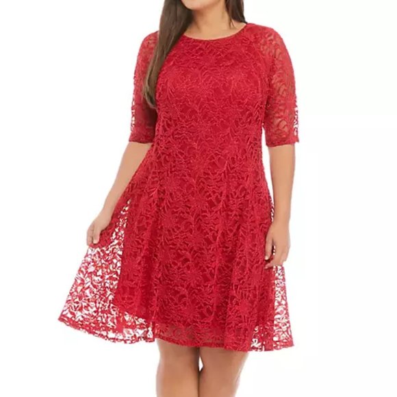 Plus Size Red Lace Sequined Fit & Flare Dress - Picture 1 of 4